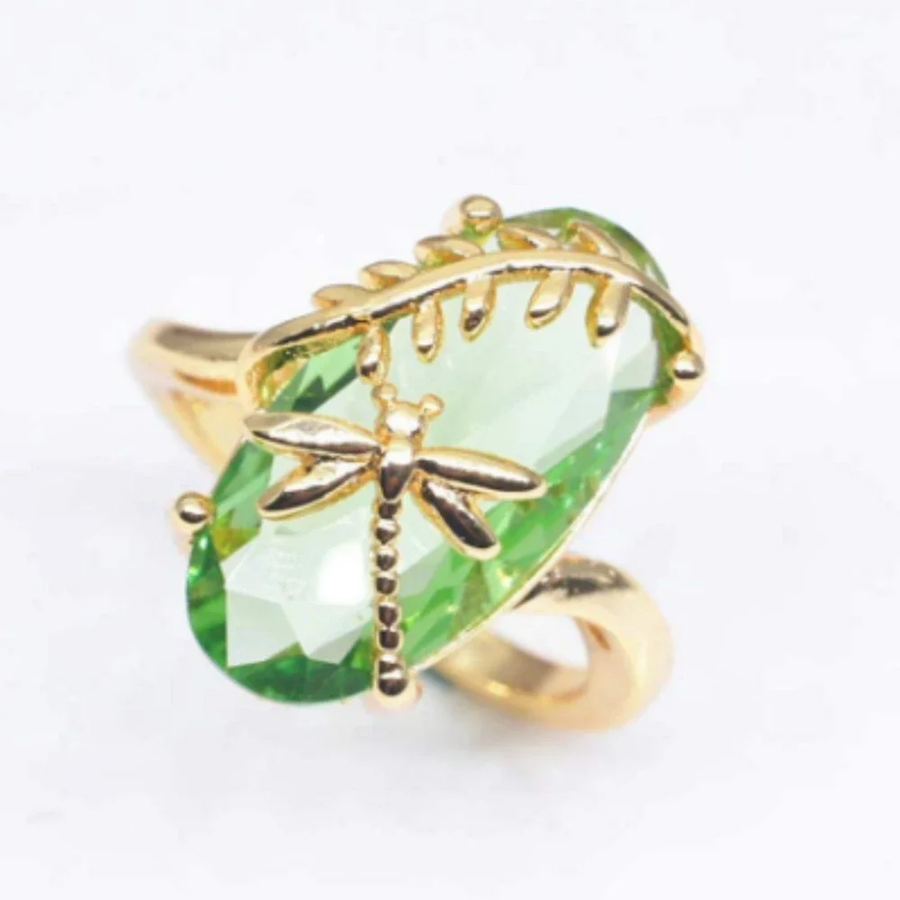 Dragonfly Green Gold Cocktail Ring Big Crystal Statement Ring Reduced Shipping! - Picture 3 of 7